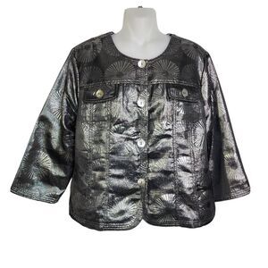 Ruby Rd. Womens Jacket Size 14 Gray Silver Metallic Button 3/4 Sleeve Blazer